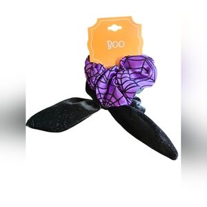 2fer! Purple Spider Web And Velvet Black Bow Hair Scrunchies